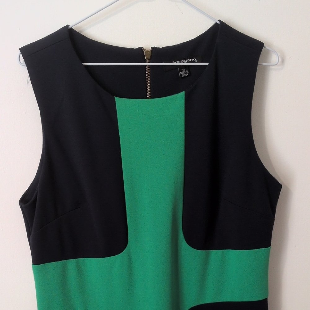 Sharagano Black and Green Colorblock Midi Dress